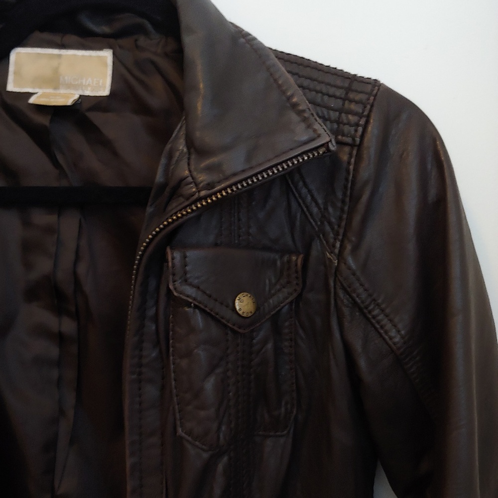 Michael Kors Genuine Leather Bomber Jacket Brown M - Picture 7 of 7